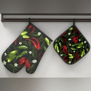 Choice: Chilli Pepper set of Pot Holder & Oven Mitt with Red Heart Scrapper